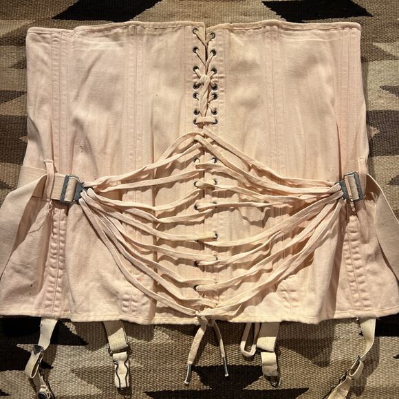 Vintage 1920's Camp Fan Lace Corset Peach Pink Antique Girdle Canvas Rare - Picture 3 of 16